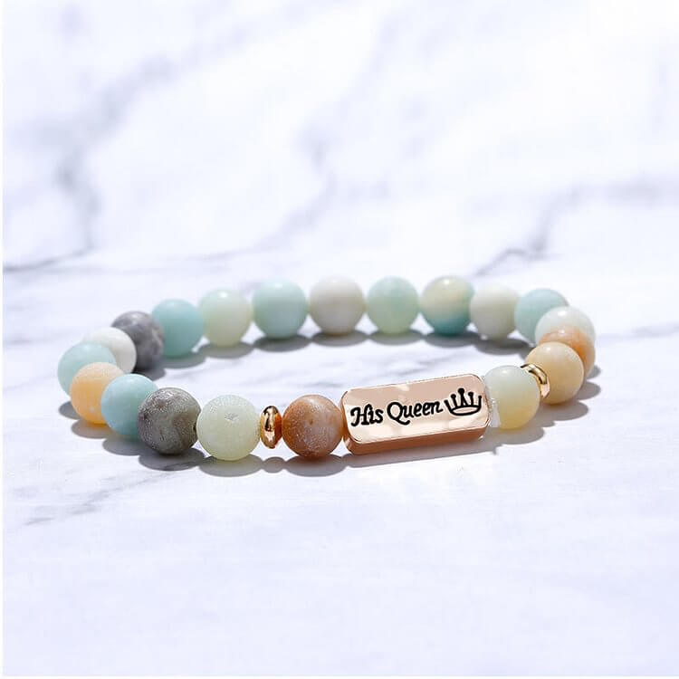 Natural Gemstone Her King /His Queen 2 Piece Engraving Bracelet