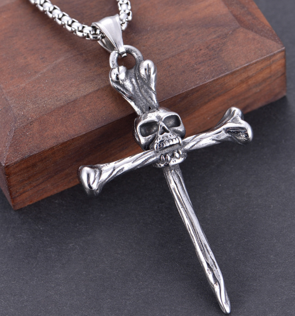 1pc Retro Punk Bone Cross Pendant Necklace