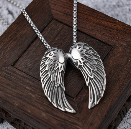 Stainless Steel Angel Wings Feather Pendant Necklace for Men