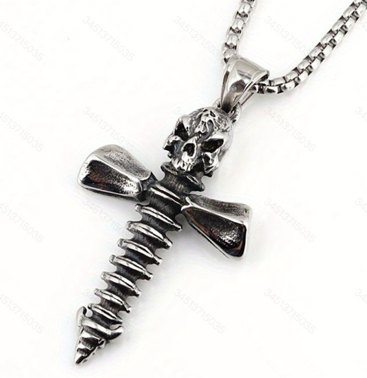 Stainless Steel Retro Men's Fish Bone Cross Skull Pendant Necklace