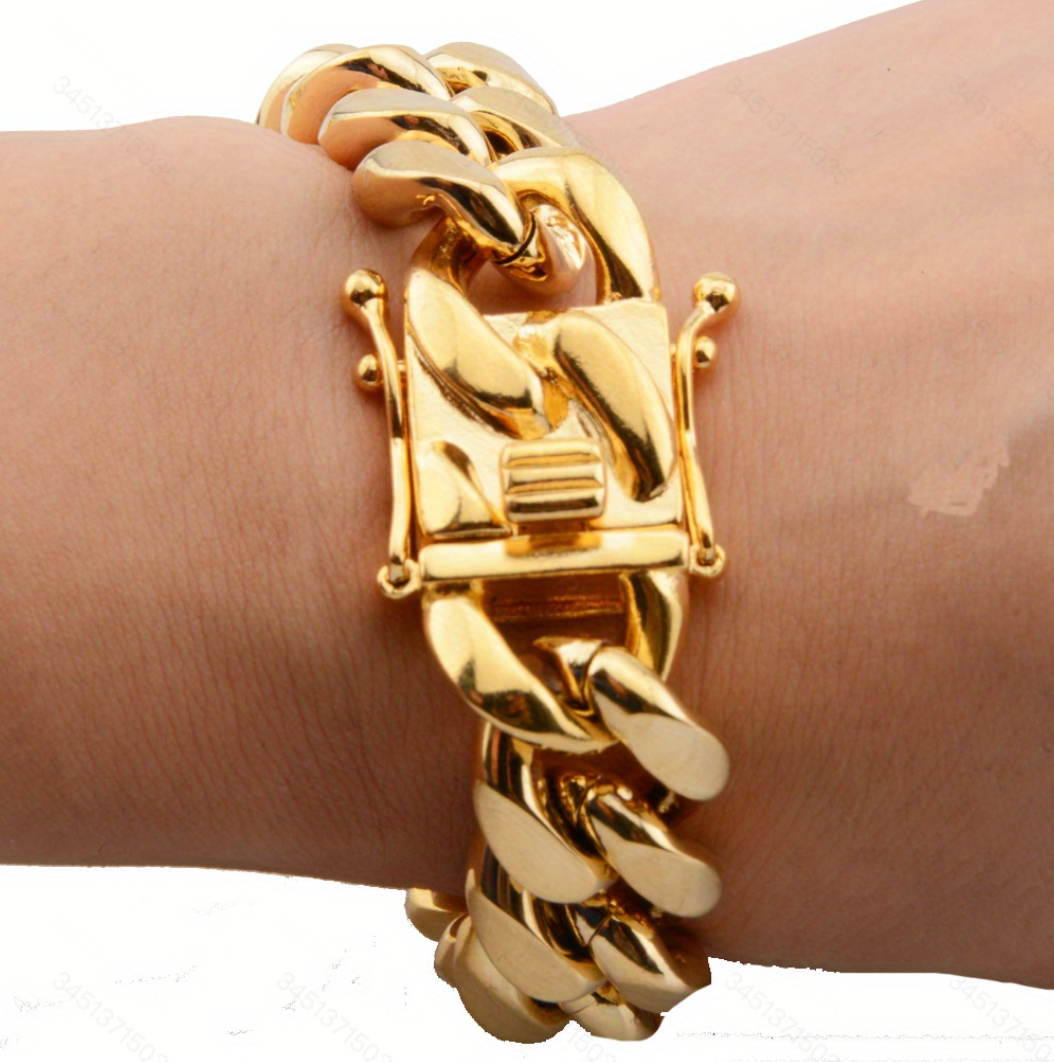 Golden Retro Bracelet, Hip Hop Punk Style Chain-12mm-14mm