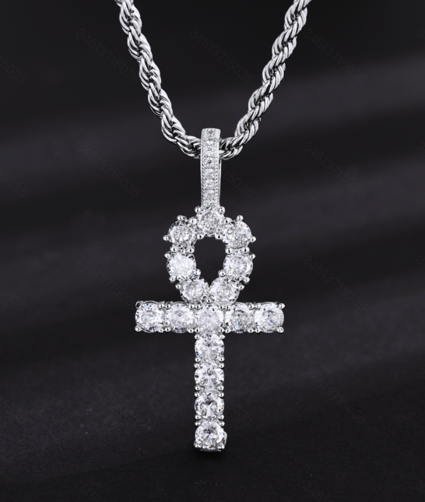 Punk Rock Style Men's Necklace, Ankh Cross Pendant with Micro-Inlaid Zircon