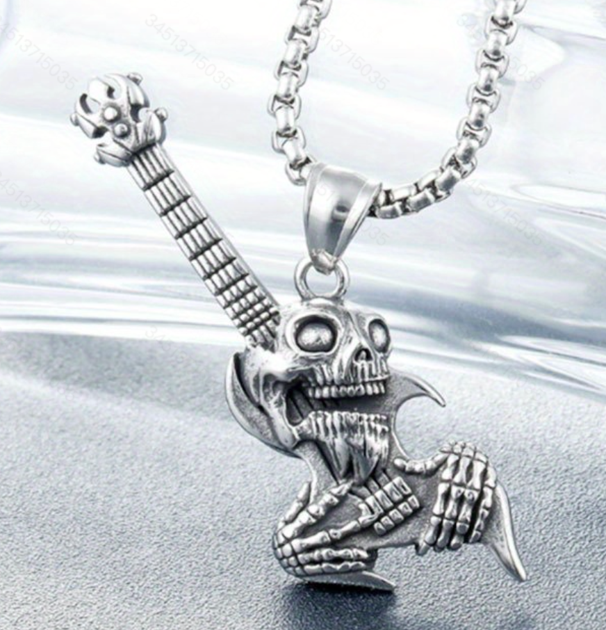 1pc Punk Gothic Skull Electric Guitar Stainless Steel Pendant Chain Necklace For Men