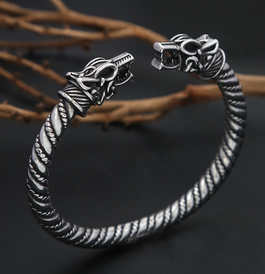 Vintage Viking Stainless Steel Double Dragon Head Open Cuff Bracelet