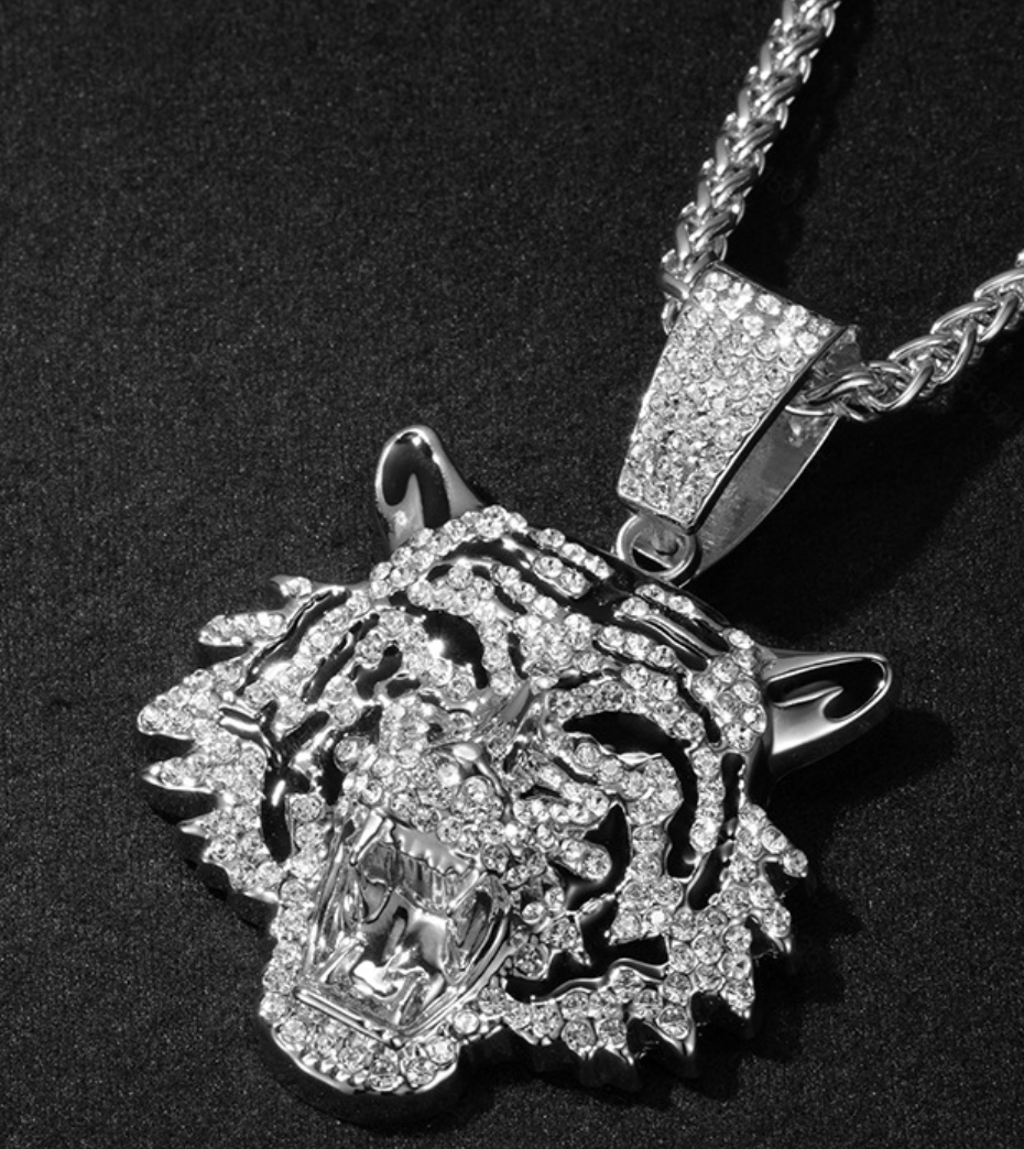 Hip-Hop Trendy Tiger Head Pendant Necklace with Micro-Pave Cubic Zirconia for Men