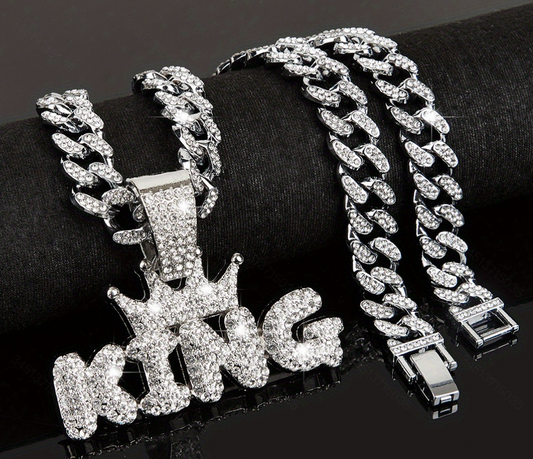 Men's Bold King Crown Rhinestone Pendant Necklace