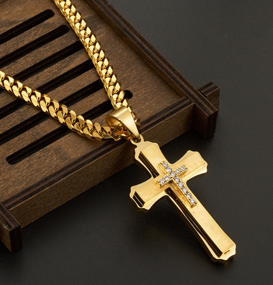 1pc Stainless Steel Men's Layered Cross Pendant Necklace With Zirconia