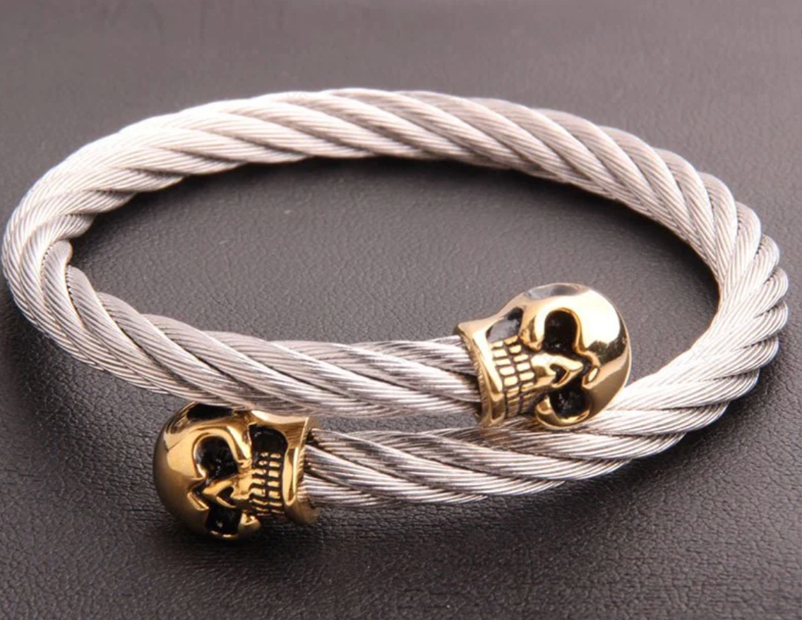 Men's Fashion Skull Bracelet, Stainless Steel Wire Bangle