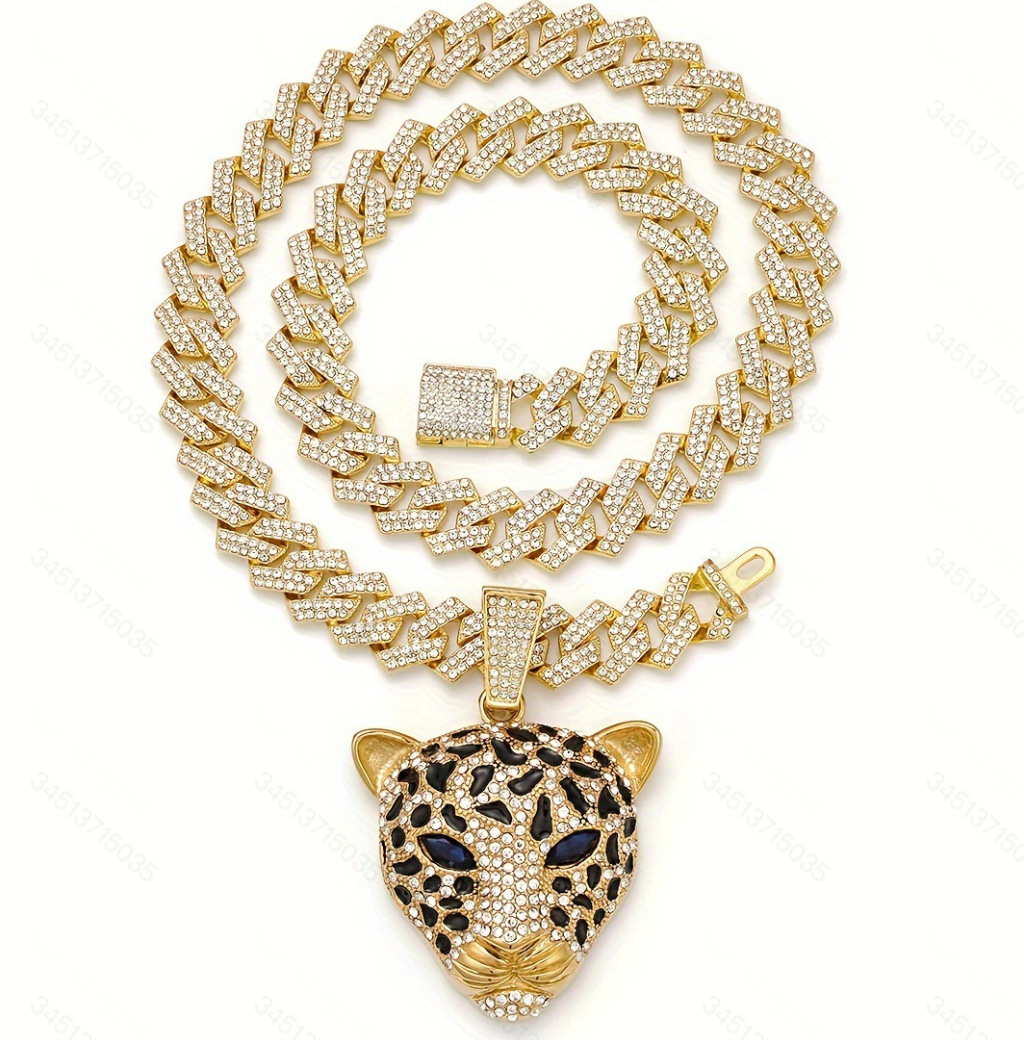 Luxury Cubic Zirconia Encrusted Leopard Pendant Hip Hop Cuban Chain Necklace