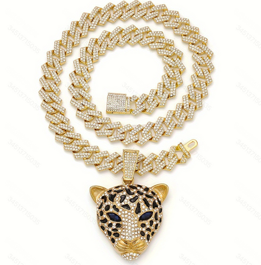 Luxury Cubic Zirconia Encrusted Leopard Pendant Hip Hop Cuban Chain Necklace