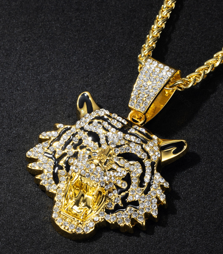 Hip-Hop Trendy Tiger Head Pendant Necklace with Micro-Pave Cubic Zirconia for Men