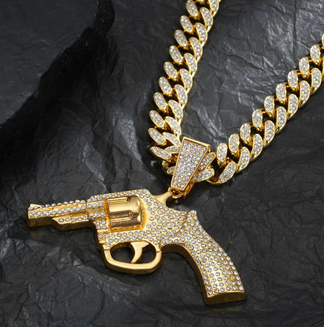 Hip Hop Trendy Gun Pendant Necklace with Micro-Pave Cubic Zirconia