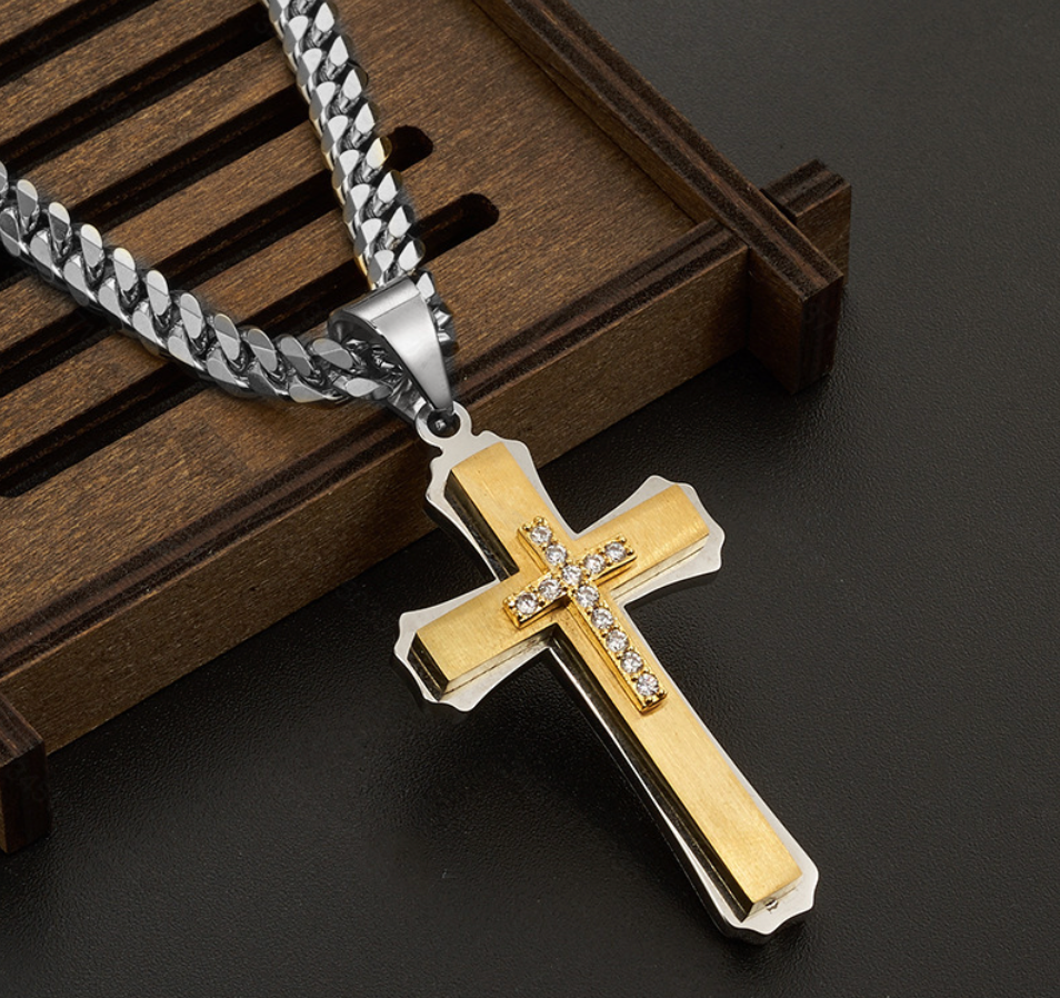 1pc Stainless Steel Men's Layered Cross Pendant Necklace With Zirconia