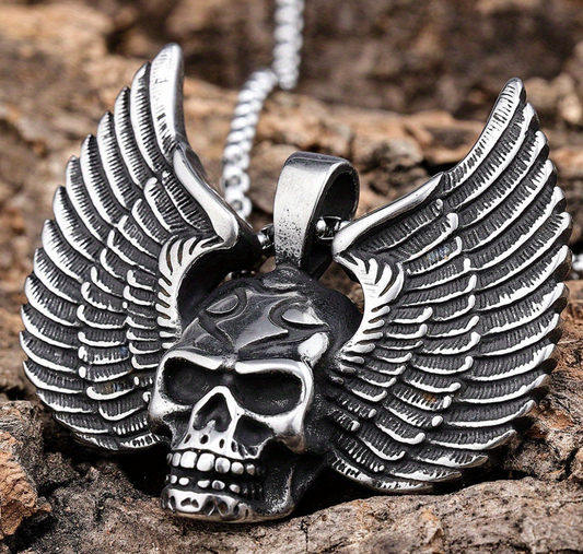 Winged Skull Pendant Necklace, Gothic Vintage Style