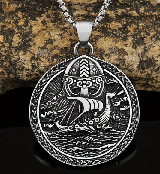 Viking Ship Pendant Necklace, Fashionable Vintage Round Disc Design