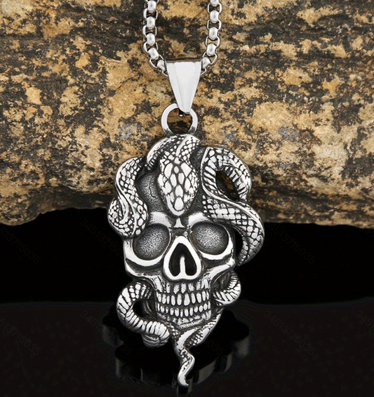 Stainless Steel Vintage Viking Skull Snake Pendant Necklace