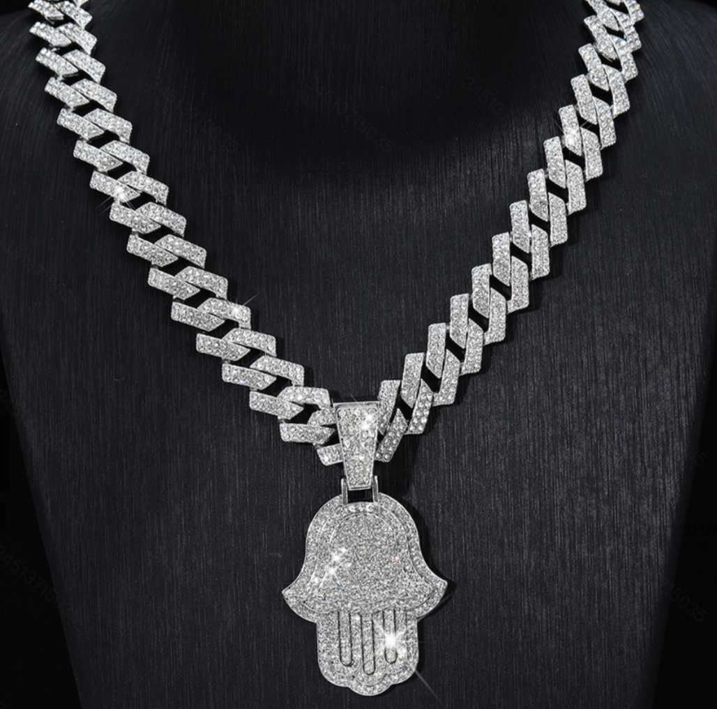 Iced-Out Cubic Zirconia Hamsa Hand Pendant Necklace, Stylish Hip-Hop Cuban Chain