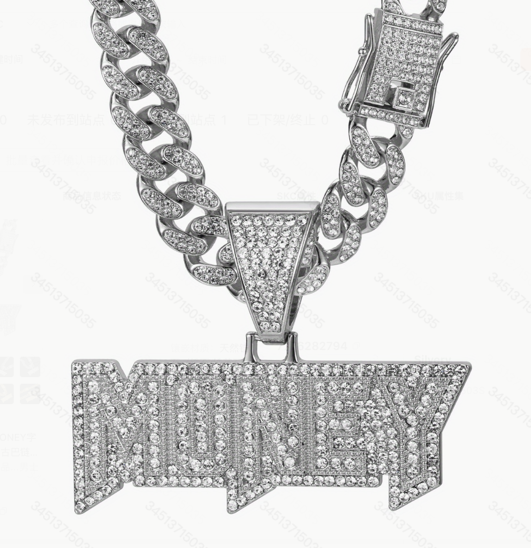 Hip Hop "MONEY" Pendant Necklace with Rhinestones, Men's Cuban Chain