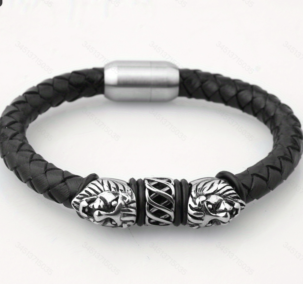 Men's Braided Leather Bracelet with Stainless Steel Lion Head Beads