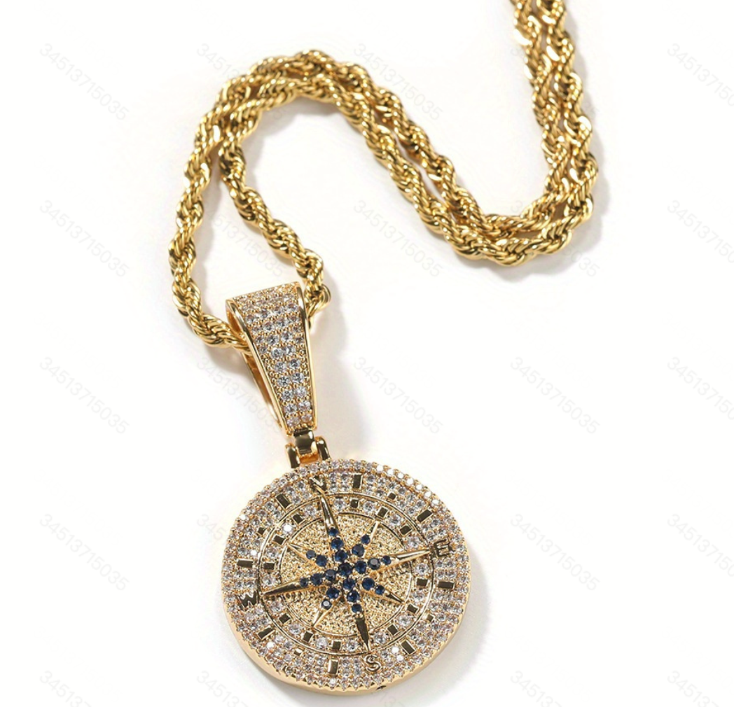 Hip Hop Gold Silver Compass Pendant Necklace