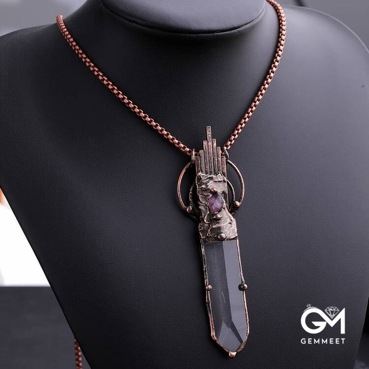 Clear Crystal Copper Vintage Sword Pendant Gemstone Necklace