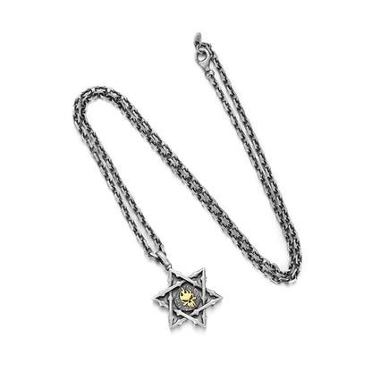 Sterling Silver Golden Skull Hexagram Pendants Necklace