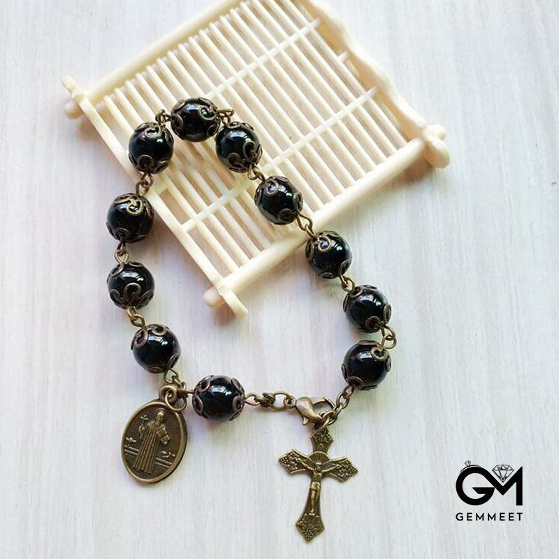 Obsidian Holy Medal Cross Pendant Rosary Bracelet