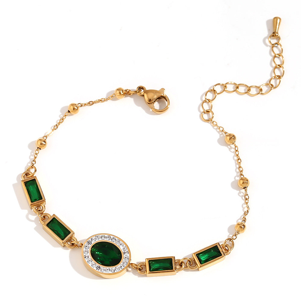 Stainless Steel Gold Plated Oval Green Zircon Bracelet