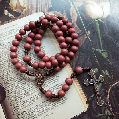 Red Brown 10mm Wooden Bead Cross Rosary Necklace