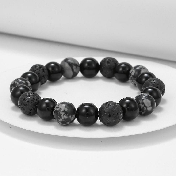 Black Onyx Snowflake Obsidian Lava Stone Beaded Men's Bracelet