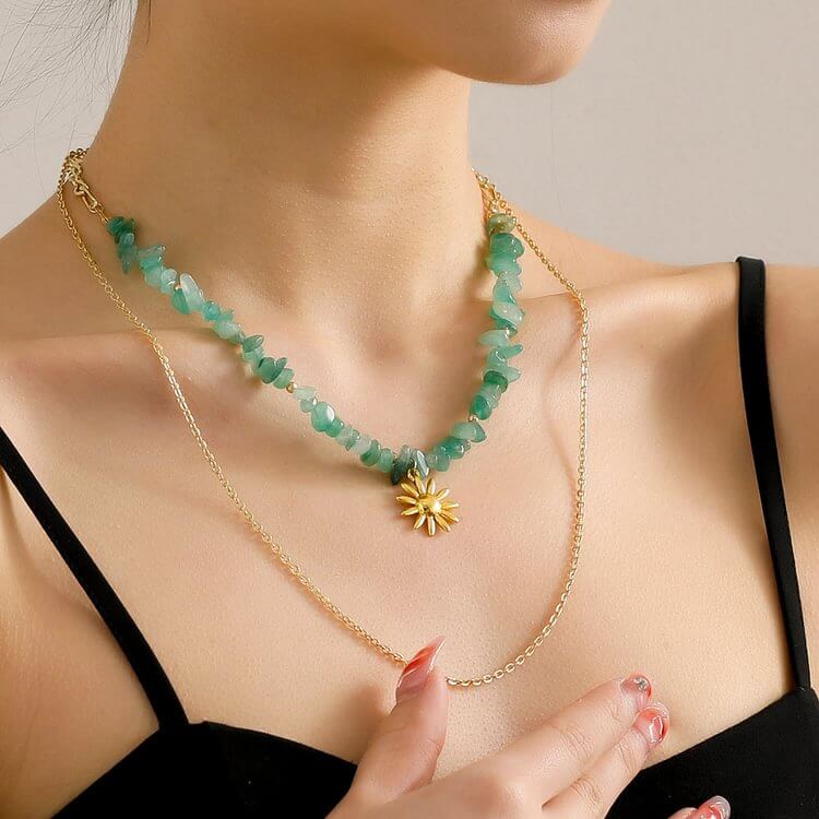 Natural Amazonite Sun Pendant Double Layer Necklace