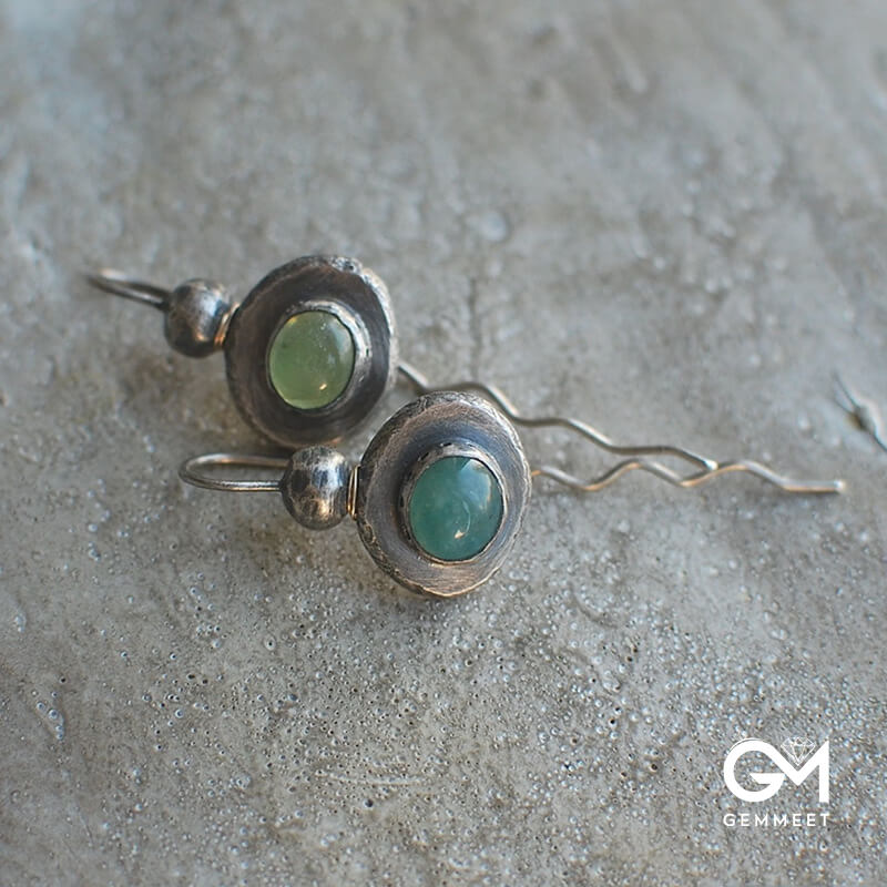 Asymmetrical Teal Stone Boho Silver Long Wound Silk Earrings