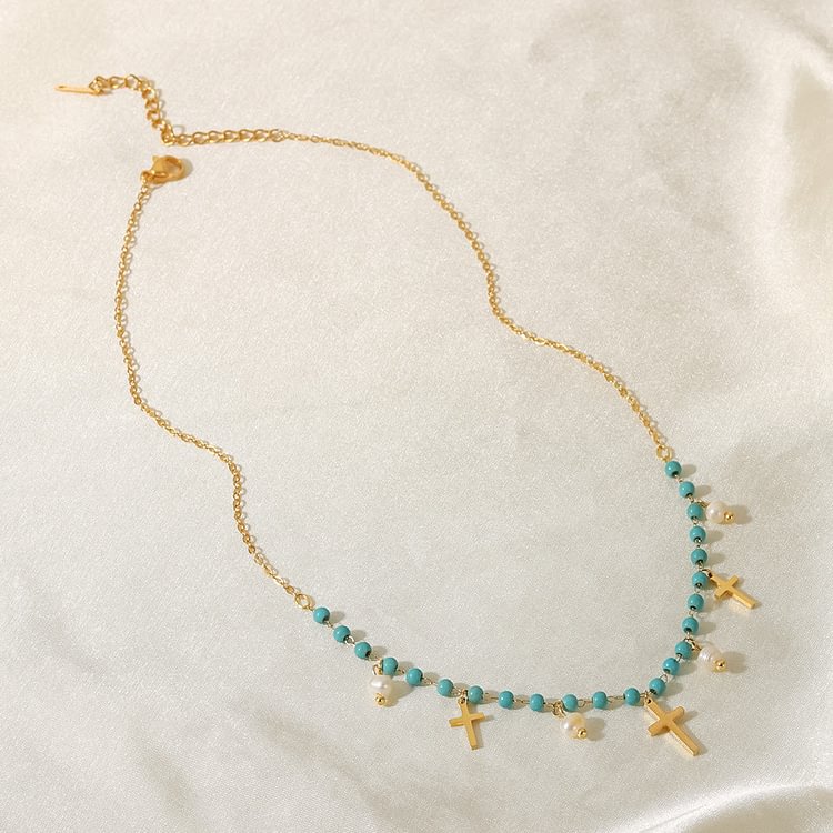 Turquoise Pearl Cross Pendant Tassel Necklace