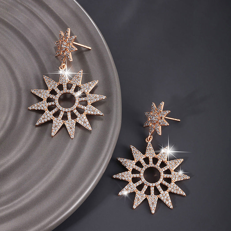 Vintage Sunflower Eight-pointed Star Zircon Earrings