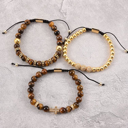 Tiger Eye Stone Beaded Men Cross Bracelet