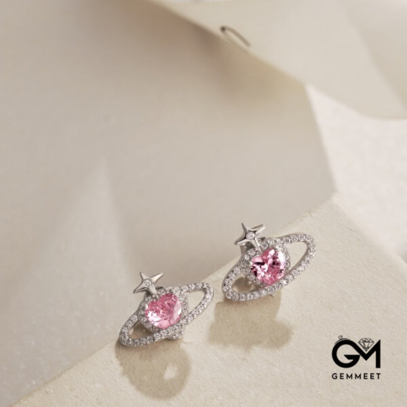 S925 Sterling Silver Pink Heart Zircon Planet Earrings