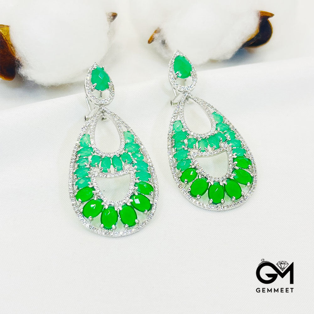 Pear-Shaped Center Hollow Green Stone Pendant Earrings