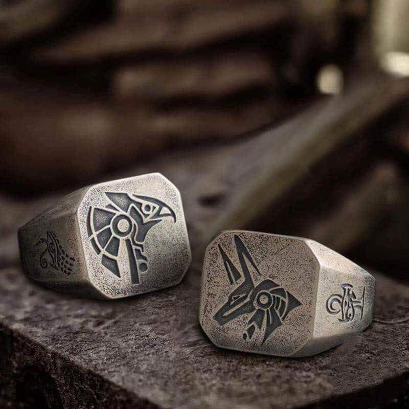 The God Of The Sky - Horus and Anubis Sterling Silver Ring