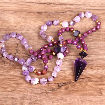 Natural Amethyst Purple Jade Beaded Mala Necklace