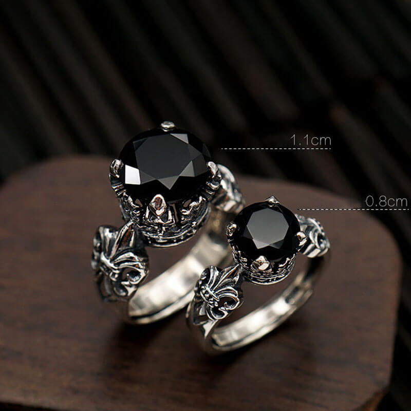 Retro Flower Prong Setting Obsidian Couple Ring