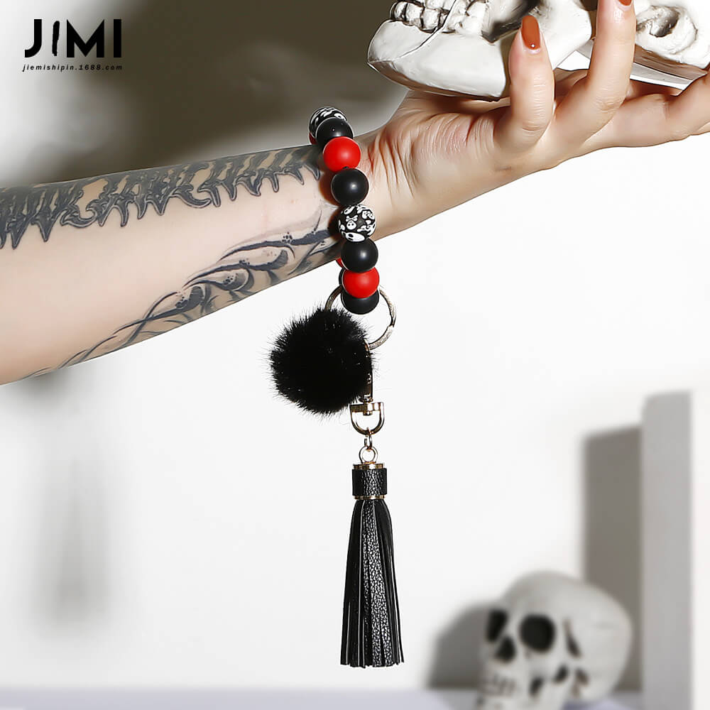 Halloween Ethnic Bracelet Key Ring Decompression Silicone Bead Ball Tassel Ghost Head Skull Bracelet Keychain