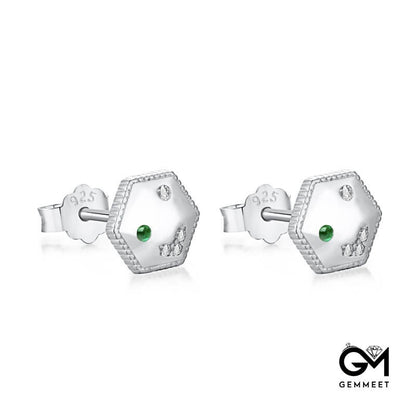 S925 Sterling Silver Hexagonal Green White Zircon Earrings