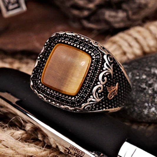 Metal Engraved Tiger Eye Men's Ring