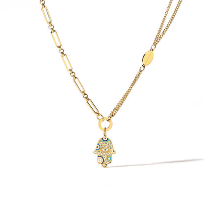 Hamsa & Heart Shape Pendant Chain Necklace