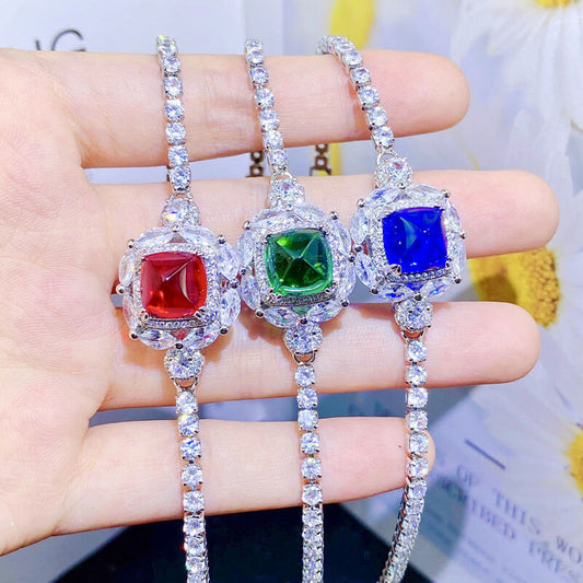 Temperament Cultivated Ruby Sugar Tower Cut Colored Treasure Bracelet High Carbon Diamond Emerald Royal Blue Diamond Bracelet