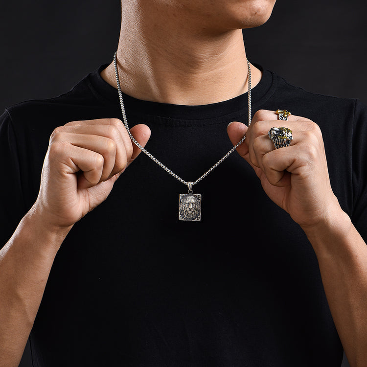 Sterling Silver Square Male Lion Pendants Necklace