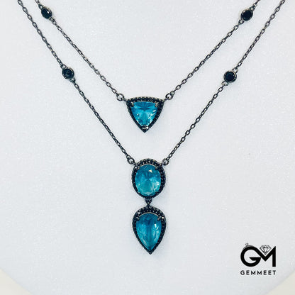 Double Triangular Drop-Shaped Pear-Shaped Blue Stone Pendant Necklace