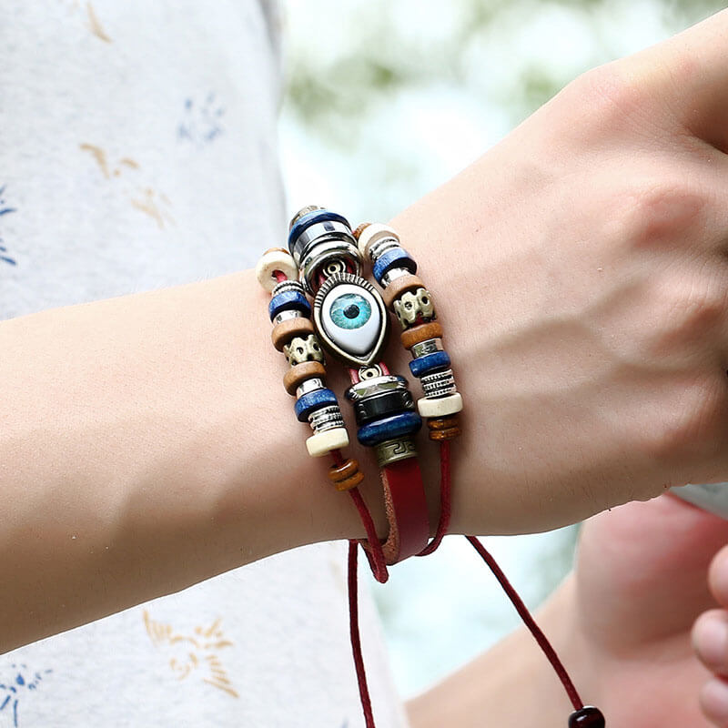 New Beaded Eyes Leather Bracelet Pull Adjustment Couple Leather Bracelet