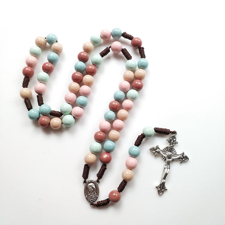 Color Beads Rosary Mary Medal Cross Necklace