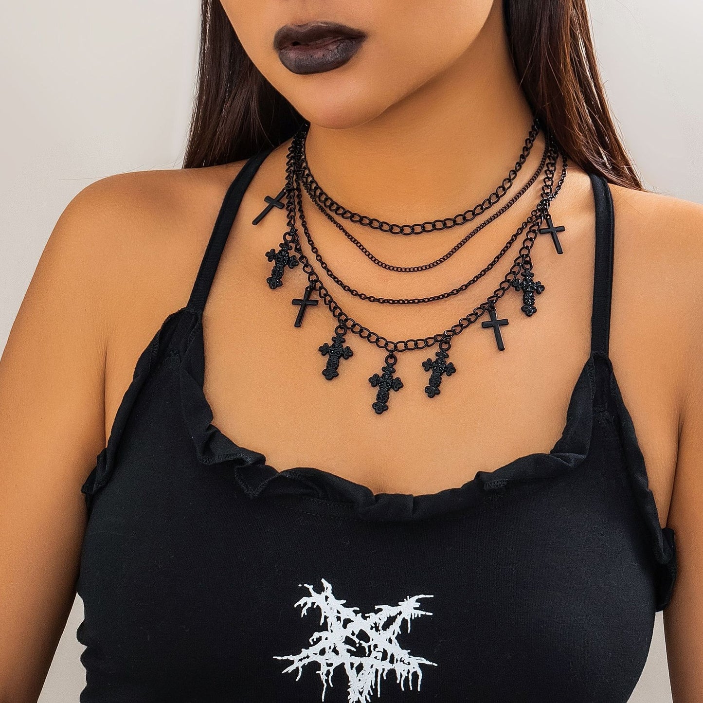 Halloween Layers Choker Black Cross Pendant Necklace